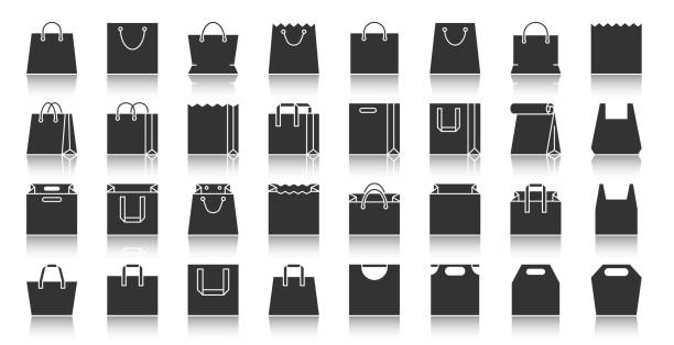 Shopping eco bag black silhouette icons vector set Shopping Bag silhouette icons set. Monochrome web sign kit of package. Sale pictogram collection includes paper packet, handle, gift. Simple vector black symbol. Packaging shape icon with reflection silhouette symbol computer icon shopping bag stock illustrations