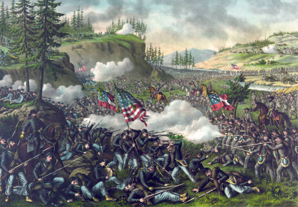 Battle of Chickamauga, 1863 Vintage illustration features the Battle of Chickamauga, an American Civil War battle fought on September 18 – 20, 1863, between the U.S. Army of the Cumberland and the Confederate Army of Tennessee. It was the first major battle of the war fought in Georgia and resulted in a Confederate victory. civil war stock illustrations
