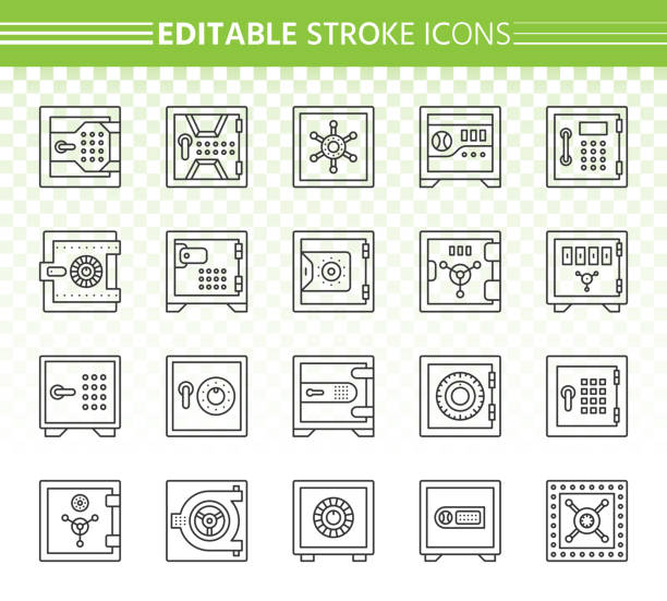 ilustrações, clipart, desenhos animados e ícones de linha de banco segura ícones pretos simples do vetor ajustados - combination lock variation lock safe