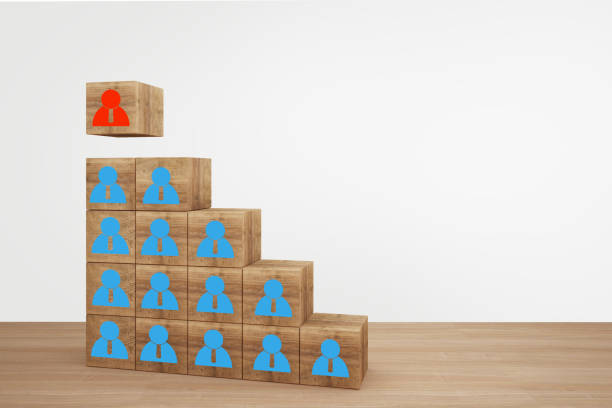 istock Wooden cube blocks on top staircase with people icon. business Leadership concept, Select team leader, staff, building a good team, human resources and management concepts. 1153346331