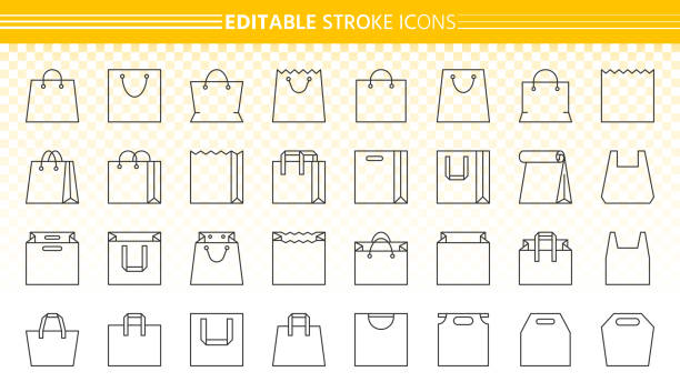 ilustraciones, imágenes clip art, dibujos animados e iconos de stock de bolsa de compras simple línea negra iconos de vector conjunto - paper bag illustrations