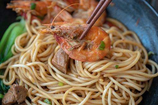 homemade Chinese shrimp and gravy noodles