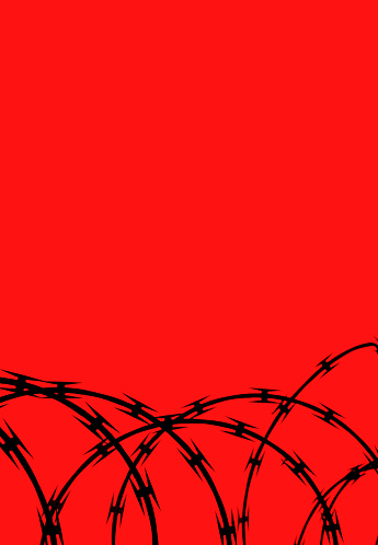 Coils or circles of  razor wire on an easily changed red background.