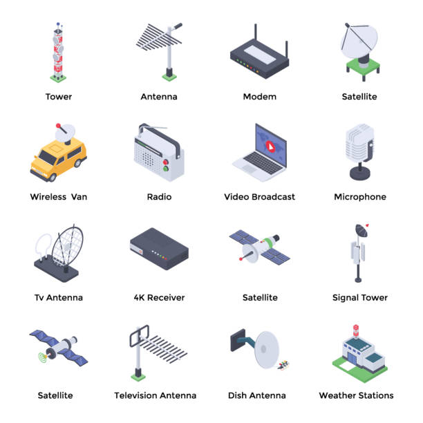 illustrazioni stock, clip art, cartoni animati e icone di tendenza di pacchetto icone isometriche per le telecomunicazioni - tower isometric communications tower antenna