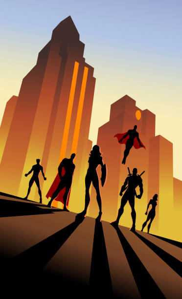 Vector Retro Art Deco Poster Woman-led Superhero Team Silhouette in the City A retro art deco style poster of a team of superheroes with female leaders in silhouette with city skyscraper in the background. Easy to edit. Wide space available for your copy. decoteau stock illustrations