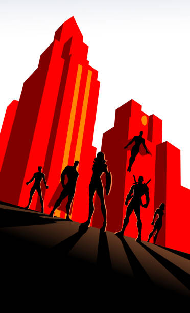 Vector Art Deco Woman-Led Superhero Team Silhouette A retro art deco style poster of a team of superhero with woman leader in a city. decoteau stock illustrations