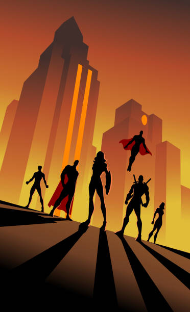 Vector Retro Art Deco Woman-Led Superhero Team Silhouette in The City A vector retro style poster of a team of superheroes with female leader in silhouette with city skyline in the background. Wide space available for your copy. decoteau stock illustrations