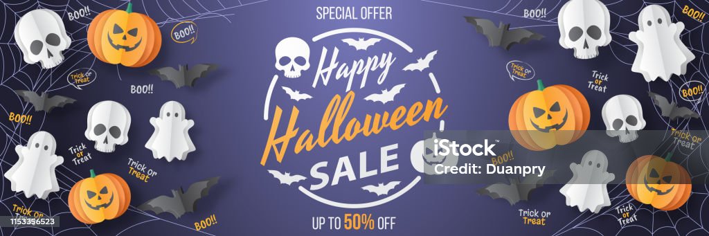 Happy Halloween sale vector banner. Paper cut style. Vector illusration Happy Halloween sale vector banner. Paper cut style. Vector illusration. Can be used for template, banners, wallpaper, flyers, invitation, posters, brochure, voucher discount. Vector illustration Art stock vector