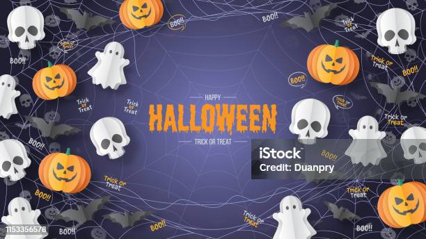 Happy Halloween Vector Banner Paper Cut Style Vector Illusration Stock Illustration - Download Image Now