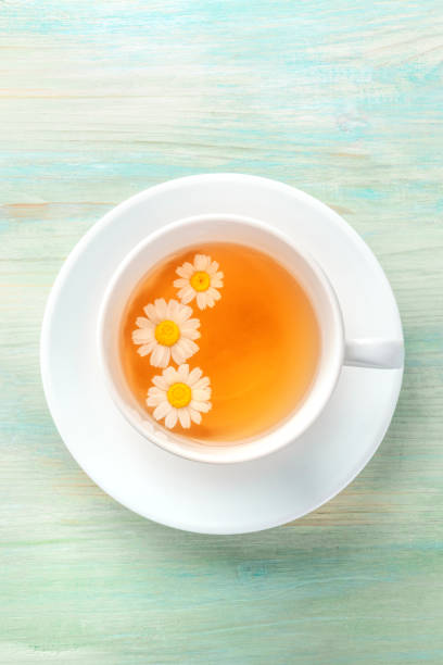 istock A cup of chamomile tea, shot from above on a teal blue background with copy space 1153357450