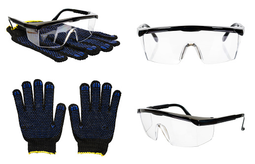 Protective gloves and glasses, set and collection. Isolated on white background