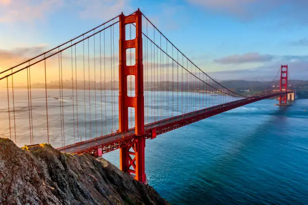 The Golden Gate Bridge and Bay area in San Francisco California at sunrise