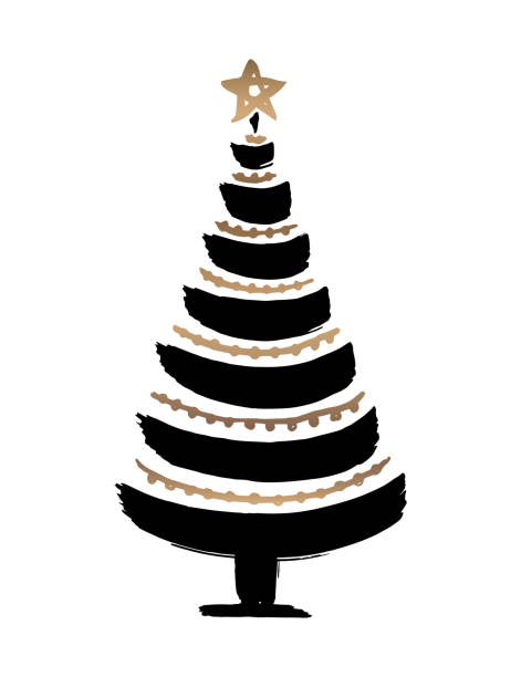 handgezeichnete schwarze und goldene weihnachtsbaum, isoliert auf weißem hintergrund. - christmas tree dirty winter grunge stock-grafiken, -clipart, -cartoons und -symbole