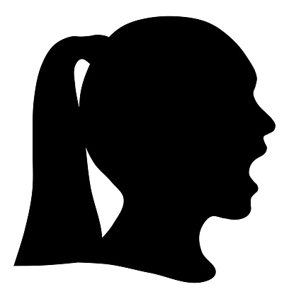 Black silhouette head girl, communication or shriek