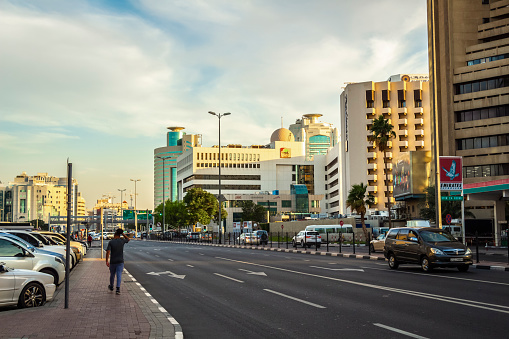 Dubai, UAE - December 1, 2018: Street scenes on a sunny day of the Deira district of Dubai.
