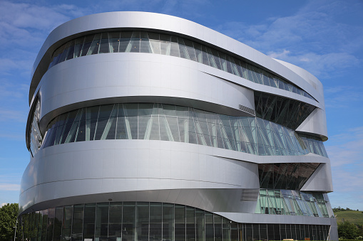 Stuttgart, Germany – May 31, 2019: The Mercedes-Benz Museum in Stuttgart. It is located in Bad Cannstatt and part of the Mercedes Benz Welt. Built in 2006 its one of the attractions of Stuttgart - the capital city of Baden-Wurttemberg