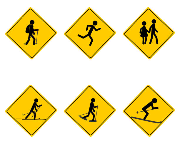 verkehrswarnschild für verschiedene sportarten - winter snowshoeing running snowshoe stock-grafiken, -clipart, -cartoons und -symbole