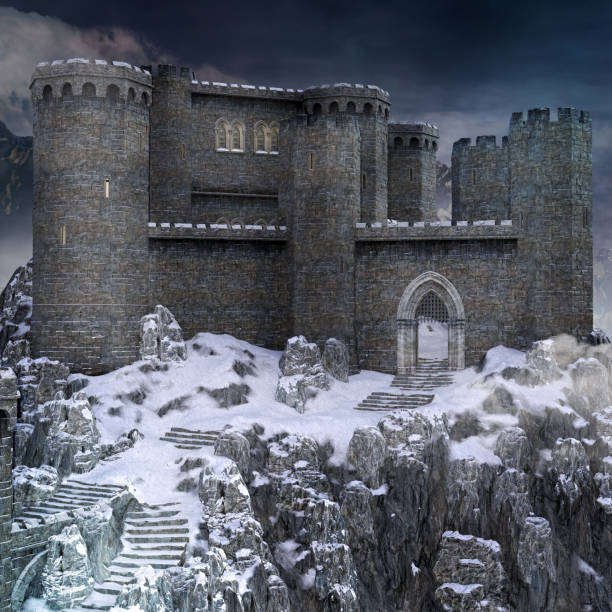 istock Snowy and rocky mountains view with a castle 1153374107