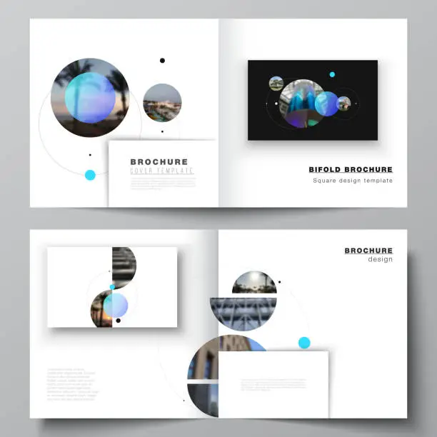 Vector illustration of Vector layout of two covers templates for square design bifold brochure, magazine, flyer. Simple design futuristic concept.Creative background with circles and round shapes that form planets and stars