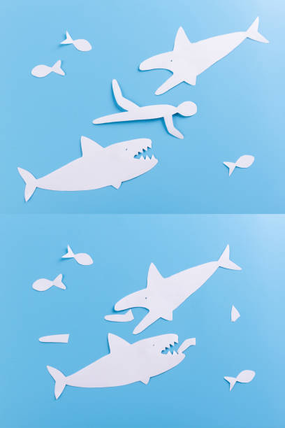 istock Huge grate big shark character attack small human 1153374772
