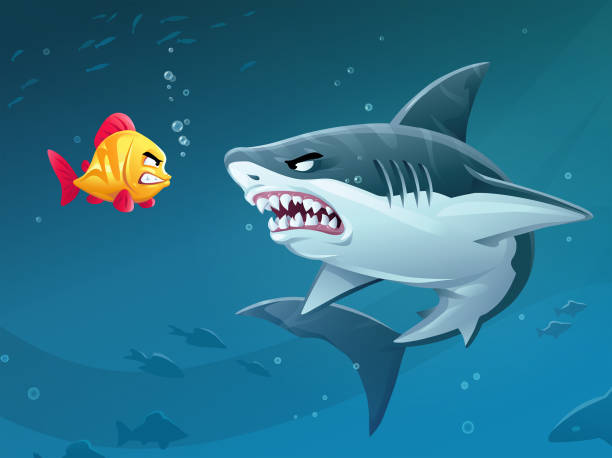 Brave Little Fish Confronting Shark Vector illustration of a brave little fish confronting a terrifying shark in the sea. Concept for bravery, confidence, mergers and aquisitions, conflicts, bullying, sea life, danger, risk, confrontation and determination. great white shark stock illustrations