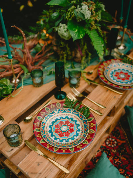 istock Stylish wedding table with decor, candles, dishes and floristic. Wedding dinner 1153376275