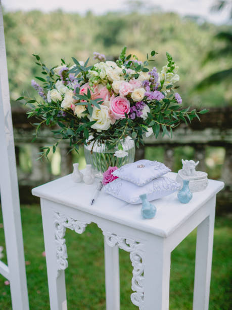 istock Wedding bouquet with blue gift. Wedding day with decor. 1153376937