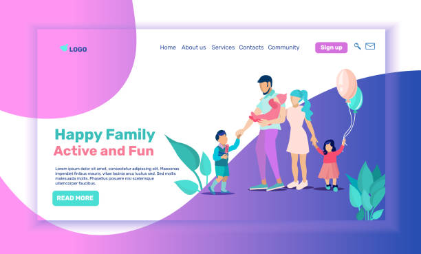 illustrations, cliparts, dessins animés et icônes de landing page offre active et amusante pour la famille - men giving balloon women