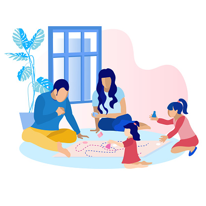 Parents with Children Playing Game at Home. Flat Cartoon Mother, Father and Two Daughter Different Ages Spending Time Together in Living Room. Happy Parenthood and Childhood. Vector Illustration