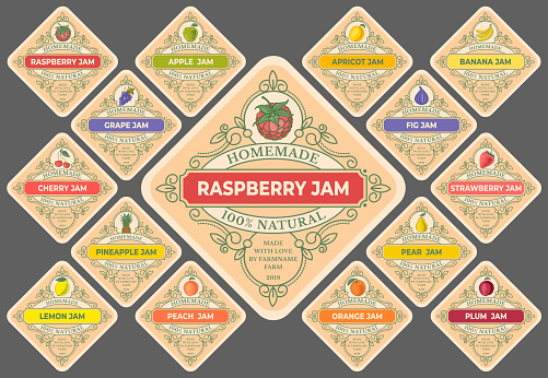 Set of Templates for labels of fruit and berry jam. Retro style colorful simple design with drawings of fruits and berries. Vector illustration.