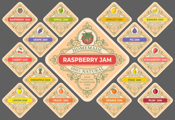 Jam Labels Set Set of Templates for labels of fruit and berry jam. Retro style colorful simple design with drawings of fruits and berries. Vector illustration. banana illustrations stock illustrations