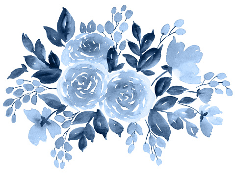 Watercolor bouquet of roses. Hand painted floral composition in indigo blue