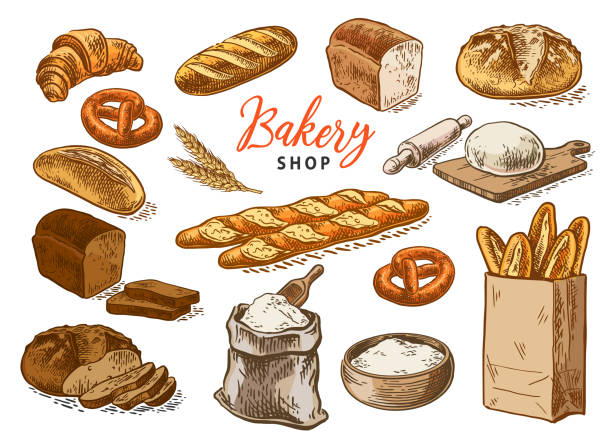 хлеб набор цвет - backgrounds baked bakery breakfast stock illustrations