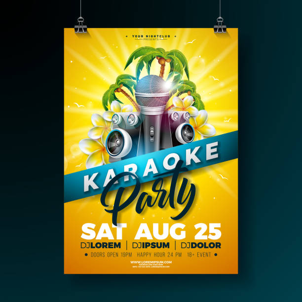 Summer Karaoke Party Flyer Design with flower, microphone, speaker and palm trees on sun yellow background. Vector Summer Design template for banner, flyer, invitation, poster. vector art illustration