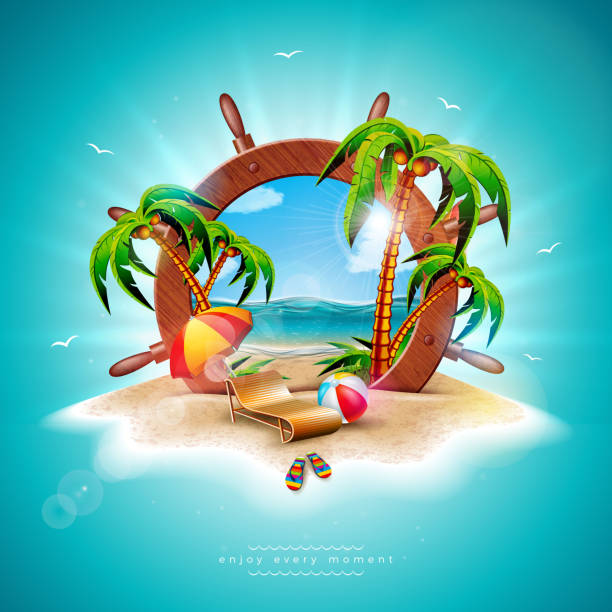 istock Vector Summer Holiday Illustration with Ship Steering Wheel and Exotic Palm Leaves on Tropical Island Background. Exotic Plants, Flower, Beach Ball, Surf Board and Sunshade for Banner, Flyer, Invitation, Brochure, Poster or Greeting Card. 1153383134