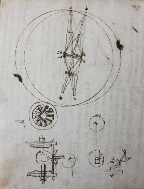 ilustrações, clipart, desenhos animados e ícones de modelos, mecanismos, tsquad no livro do vintage manuscritos de leonardo da vinci - pencil symbol close up vertical