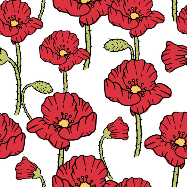 nahtloses muster rote mohnblumen für modetextilien, pflanzenvektorabbildung - red pattern poppy plant stock-grafiken, -clipart, -cartoons und -symbole