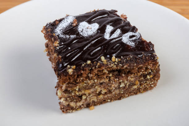 istock Slice of chocolate sponge cake on white dish close-up 1153383449