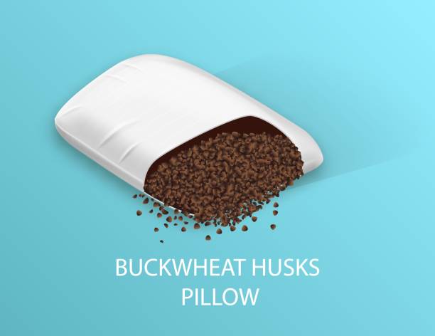 Buckwheat Husks Pillow on Blue Background. Vector. Buckwheat Husks Pillow on Blue Background. Cotton Surface. Orthopedic Pillow. Healthy Sleep. Sweet Dreams. Anatomical Form. Vector Illustration. Treatment and Comfortable Pillow. Natural Filler. buckwheat stock illustrations