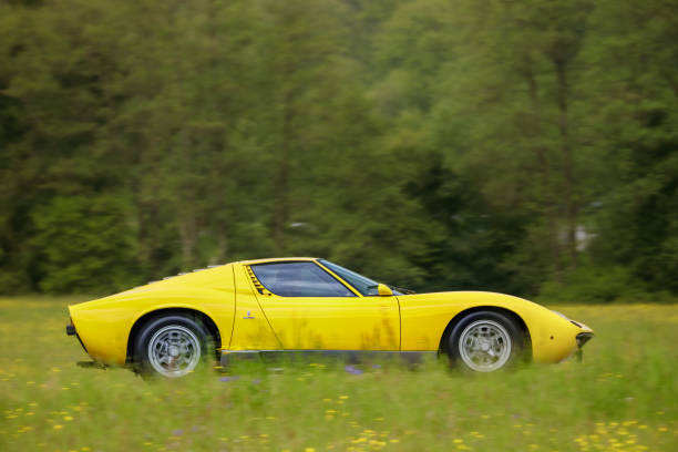 Lamborghini Miura italian oldtimer sports car Frickenhausen, Germany - May 19, 2019: Lamborghini Miura italian oldtimer sports car at the 25. International Oldtimer-Rallye event. lamborghini miura stock pictures, royalty-free photos & images