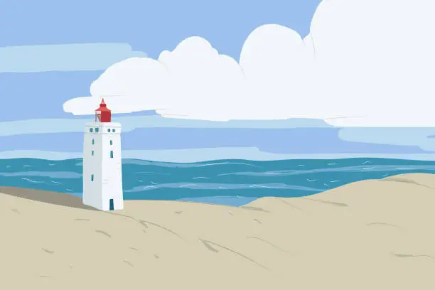 Vector illustration of Bright beach sand dunes with the famous danish landmark lighthouse with blue sky background. Rubjerg Knude Lighthouse, Lnstrup in North Jutland in Denmark, North sea.