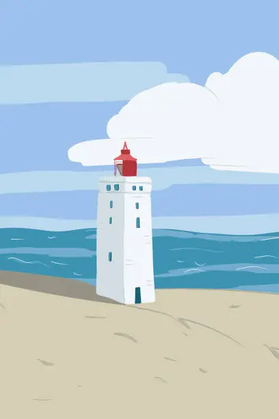 Vector illustration of Bright beach sand dunes with the famous danish landmark lighthouse with blue sky background. Rubjerg Knude Lighthouse, Lnstrup in North Jutland in Denmark, North sea.