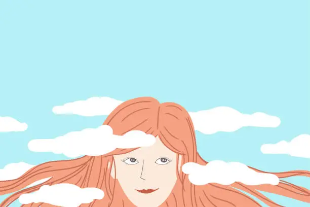 Vector illustration of Happy woman daydreaming with her head in the clouds with copy space