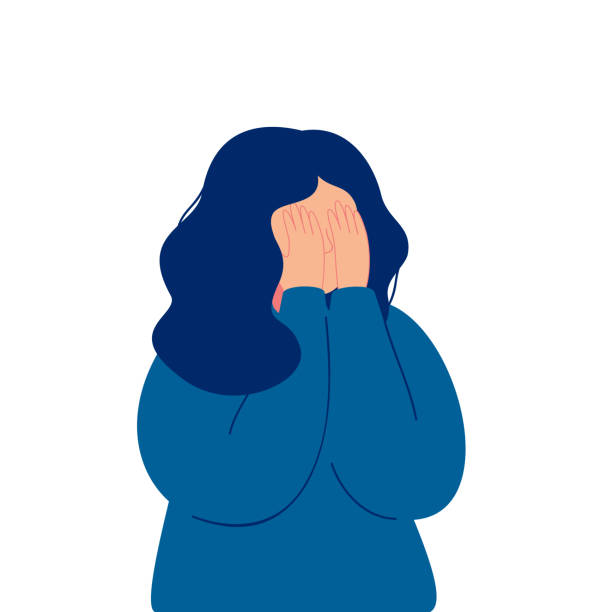 przygnębiona młoda dziewczyna płacze zakrywając twarz rękami - wine stock illustrations