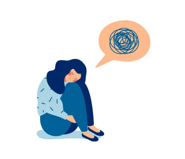 Vector illustration of Woman in depression with bewildered thoughts in her mind.