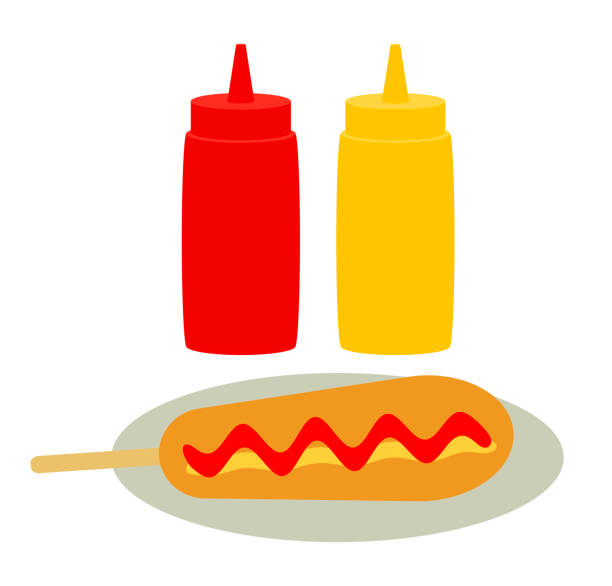 amerikanischer hotdog und gewürze - mustard bottle sauces condiment stock-grafiken, -clipart, -cartoons und -symbole