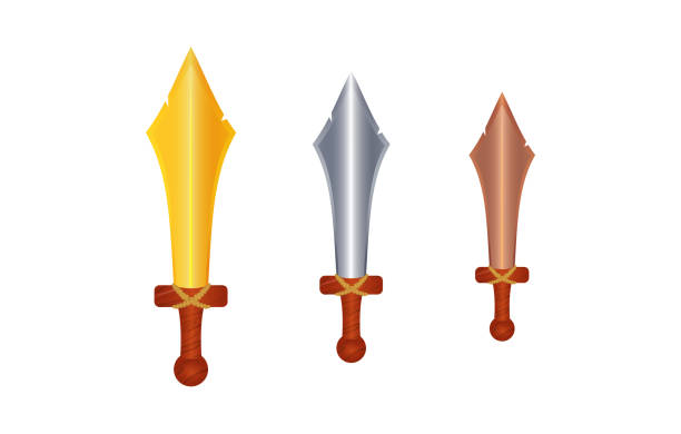 istock Swords, daggers made from different materials: metal, gold, silver and bronze. Knives have wooden hilt, grip. Prize, reward symbols for game winners. Attack level sign. Cartoon vector illustration. 1153389826