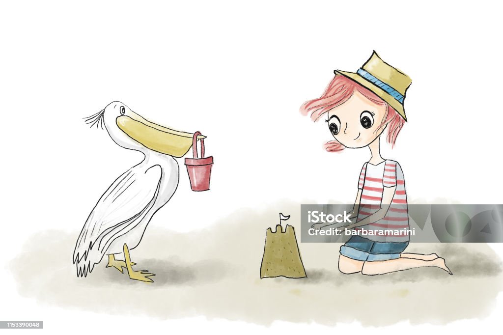Girl kid with red hair playing on the beach with sand, sandcastle and pelican Girl kid with red hair playing on the beach with sand, sandcastle and pelican - Watercolor illustration hand painted isolated on white background Activity stock illustration