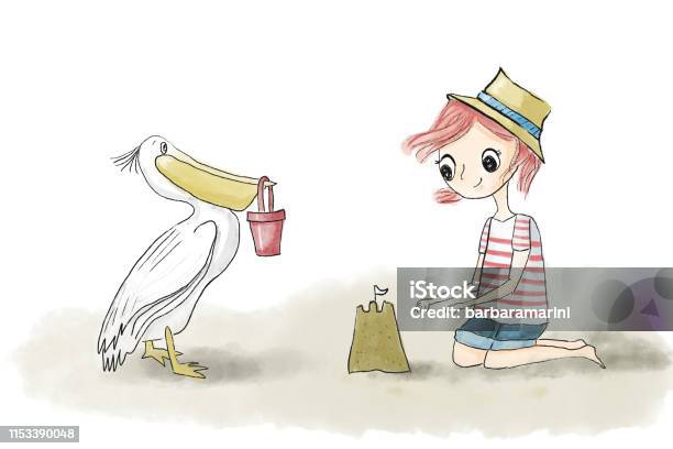 Girl Kid With Red Hair Playing On The Beach With Sand Sandcastle And Pelican Stock Illustration - Download Image Now