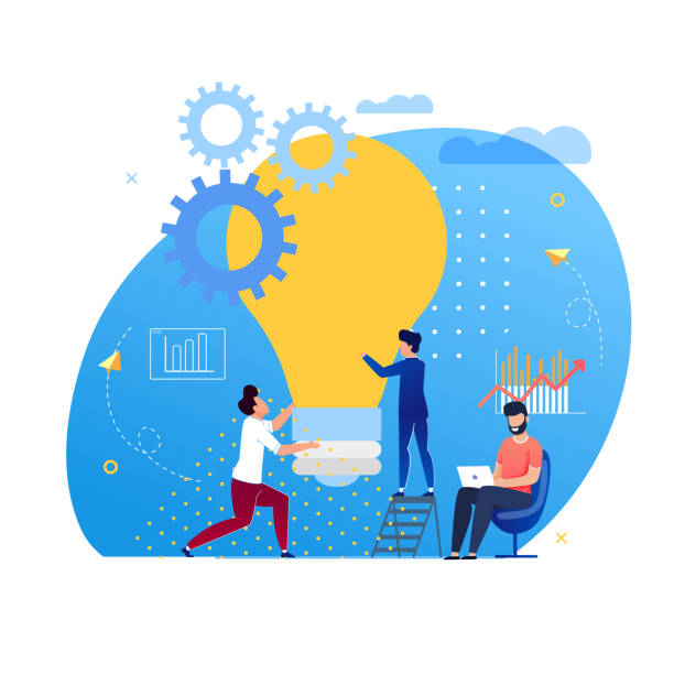 Office Situation Support for Ideas Cartoon Flat. Office Situation Support for Ideas Cartoon Flat. Personal Effectiveness Lies in Proper Allocation Time. Guys Hold Big Incandescent Bulb. Man Sitting at Table with Laptop. Vector Illustration. responsible business illustrations stock illustrations